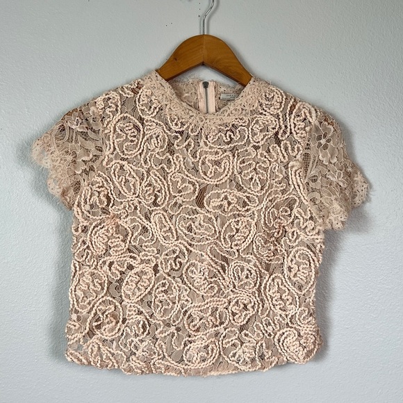 ZARA Trafaluc Rose Peach Pink Lace Crochet Embroidered Short Sleeve Top - Picture 2 of 7
